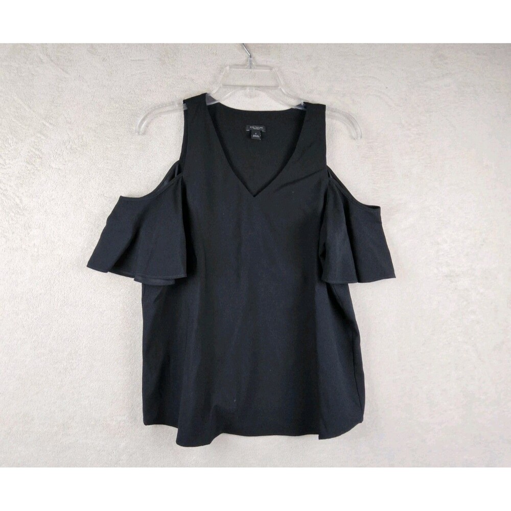 Ann Taylor Women’s Cold Shoulder V Neck Ruffle Sleeve Top Black Size S